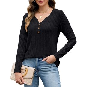Edelqual Womens Long Sleeve Tops Fall Casual Henley V Neck Shirts Lightweight Sweater Tunic Trendy Fahshion Outfits in Kuwait