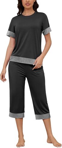 HONG HUI Women's Pajama Set Sleepwear Tops with Capri Pants Casual and Fun Prints Pajama Sets in Kuwait