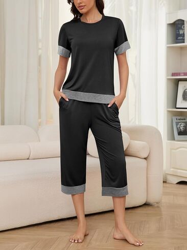 HONG HUI Women's Pajama Set Sleepwear Tops with Capri Pants Casual and Fun Prints Pajama Sets in Kuwait