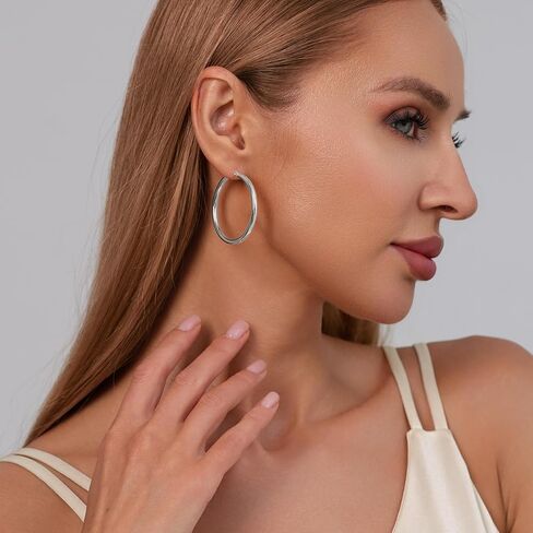 RANKEEF 3mm Chunky Gold Hoop Earrings for Women Hypoallergenic Lightweight Steling Silver Post Tube Hoop Earrings Large Sterling Silver Earrings 14K Real Gold Plated 30/40/50/60/70MM in Kuwait