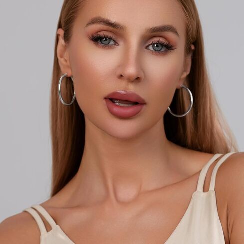 RANKEEF 3mm Chunky Gold Hoop Earrings for Women Hypoallergenic Lightweight Steling Silver Post Tube Hoop Earrings Large Sterling Silver Earrings 14K Real Gold Plated 30/40/50/60/70MM in Kuwait