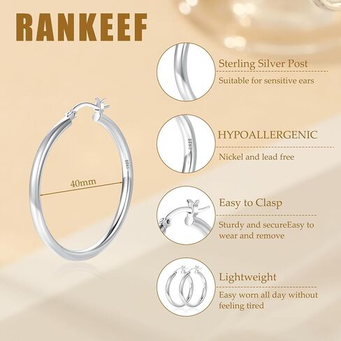 RANKEEF 3mm Chunky Gold Hoop Earrings for Women Hypoallergenic Lightweight Steling Silver Post Tube Hoop Earrings Large Sterling Silver Earrings 14K Real Gold Plated 30/40/50/60/70MM in Kuwait