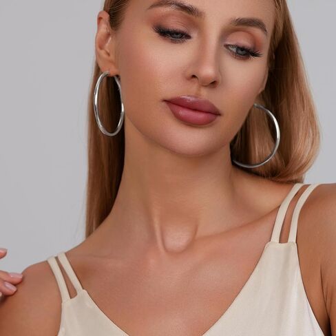 RANKEEF 3mm Chunky Gold Hoop Earrings for Women Hypoallergenic Lightweight Steling Silver Post Tube Hoop Earrings Large Sterling Silver Earrings 14K Real Gold Plated 30/40/50/60/70MM in Kuwait