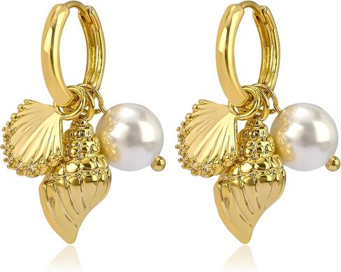 Dangle Gold Charm Earrings for Women 14K Gold Plated Bow Cherry Rose Cubic Zirconia Love Heart Wing Cross Pearl Seashell Huggie Hoop Earrings Drop Cross Earrings Trendy Party Jewelry Gifts for Women in Kuwait