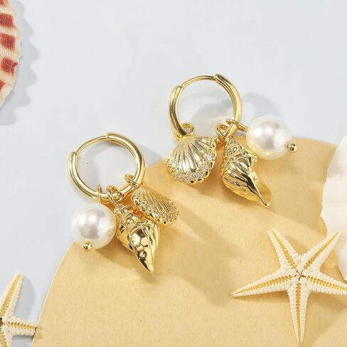Dangle Gold Charm Earrings for Women 14K Gold Plated Bow Cherry Rose Cubic Zirconia Love Heart Wing Cross Pearl Seashell Huggie Hoop Earrings Drop Cross Earrings Trendy Party Jewelry Gifts for Women in Kuwait