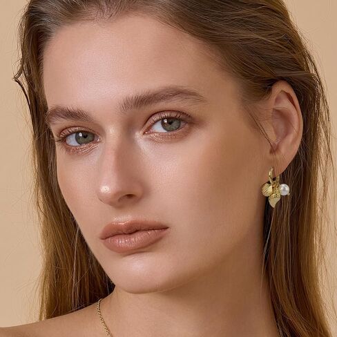Dangle Gold Charm Earrings for Women 14K Gold Plated Bow Cherry Rose Cubic Zirconia Love Heart Wing Cross Pearl Seashell Huggie Hoop Earrings Drop Cross Earrings Trendy Party Jewelry Gifts for Women in Kuwait