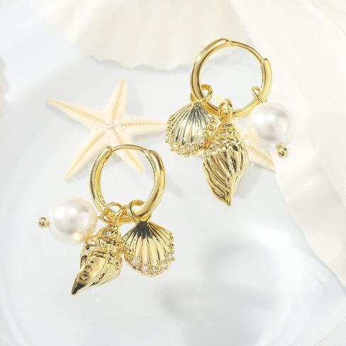 Dangle Gold Charm Earrings for Women 14K Gold Plated Bow Cherry Rose Cubic Zirconia Love Heart Wing Cross Pearl Seashell Huggie Hoop Earrings Drop Cross Earrings Trendy Party Jewelry Gifts for Women in Kuwait