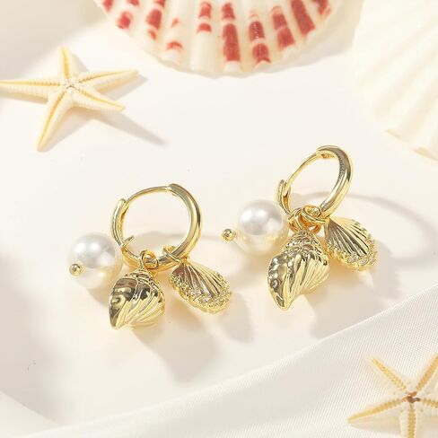 Dangle Gold Charm Earrings for Women 14K Gold Plated Bow Cherry Rose Cubic Zirconia Love Heart Wing Cross Pearl Seashell Huggie Hoop Earrings Drop Cross Earrings Trendy Party Jewelry Gifts for Women in Kuwait