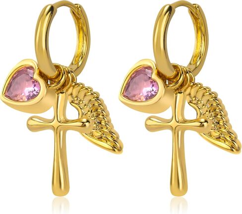 Dangle Gold Charm Earrings for Women 14K Gold Plated Bow Cherry Rose Cubic Zirconia Love Heart Wing Cross Pearl Seashell Huggie Hoop Earrings Drop Cross Earrings Trendy Party Jewelry Gifts for Women in Kuwait