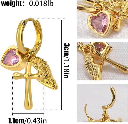 Dangle Gold Charm Earrings for Women 14K Gold Plated Bow Cherry Rose Cubic Zirconia Love Heart Wing Cross Pearl Seashell Huggie Hoop Earrings Drop Cross Earrings Trendy Party Jewelry Gifts for Women in Kuwait