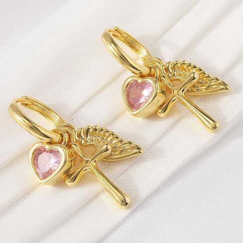 Dangle Gold Charm Earrings for Women 14K Gold Plated Bow Cherry Rose Cubic Zirconia Love Heart Wing Cross Pearl Seashell Huggie Hoop Earrings Drop Cross Earrings Trendy Party Jewelry Gifts for Women in Kuwait
