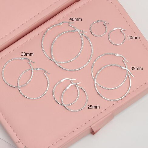 LECALLA 925 Sterling Silver Hoop أقراط للنساء | خفيفة الوزن كلاسيكي الماس الملمس حلق القرط | أحواض حلق النساء 20/25/30/35/40 مم in Saudi Arabia