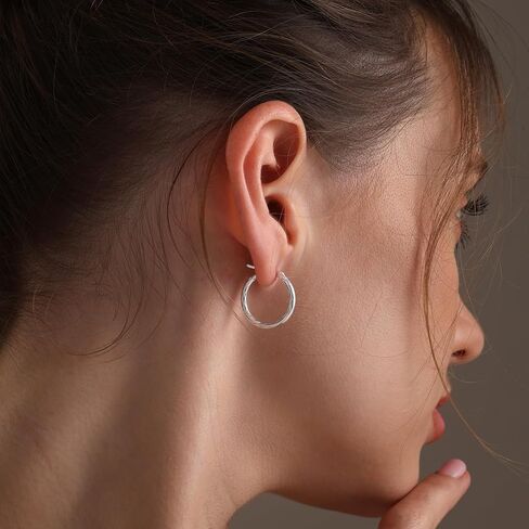 LECALLA 925 Sterling Silver Hoop أقراط للنساء | خفيفة الوزن كلاسيكي الماس الملمس حلق القرط | أحواض حلق النساء 20/25/30/35/40 مم in Saudi Arabia
