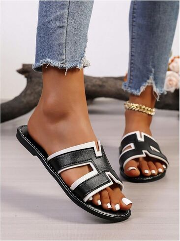 Gorglitter Women's Handals Color Block Round Open Toe Slids Flat Slides in Saudi Arabia