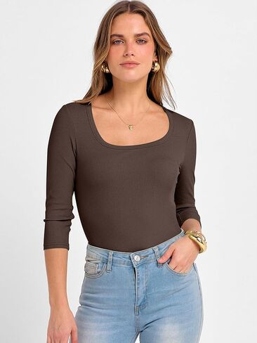 anrabess womens 3/4 Scoop Dece Dev Tops مضلعة متماسكة نحيفًا مزودًا بالقمصان الأساسية العاطفية 2025 الخريف العصرية الخروج تي شيرت in Saudi Arabia