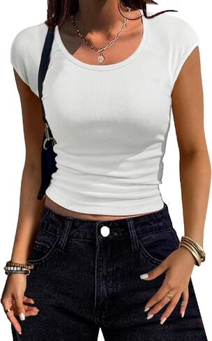 Women Shirts Crew Neck Ribbed Slim Fitted Side Ruched Basic Tops for Woman Cap Sleeve Summer Casual T Shirts in Saudi Arabia
