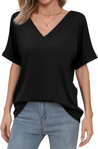 Missufe Women’s 2025 Summer Tops v Neck Short Batwing Sleeve Lourd Fit Fit Casal Basic Tirt in Saudi Arabia