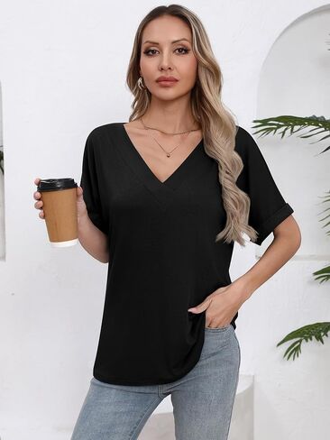 Missufe Women’s 2025 Summer Tops v Neck Short Batwing Sleeve Lourd Fit Fit Casal Basic Tirt in Saudi Arabia