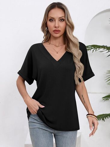 Missufe Women’s 2025 Summer Tops v Neck Short Batwing Sleeve Lourd Fit Fit Casal Basic Tirt in Saudi Arabia