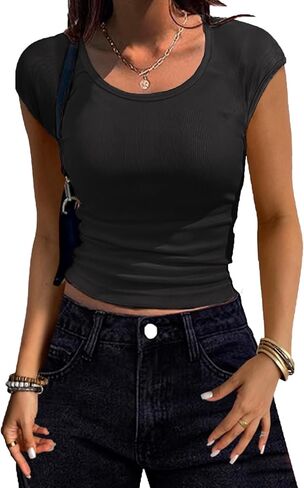 Women Shirts Crew Neck Ribbed Slim Fitted Side Ruched Basic Tops for Woman Cap Sleeve Summer Casual T Shirts in Saudi Arabia