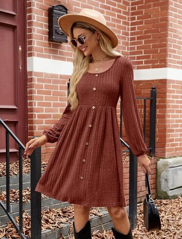فستان JUSTFASHIONNOW نسائي منسوج بأكمام طويلة وطول الركبة، فستان خريفي بأزرار مع جيوب، عصري 2024-أزرق داكن-M in Kuwait