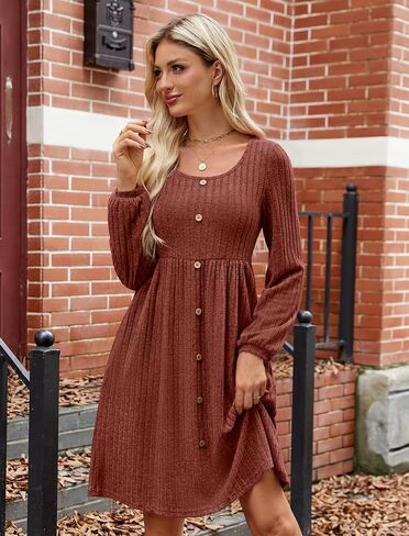 فستان JUSTFASHIONNOW نسائي منسوج بأكمام طويلة وطول الركبة، فستان خريفي بأزرار مع جيوب، عصري 2024-أزرق داكن-M in Kuwait