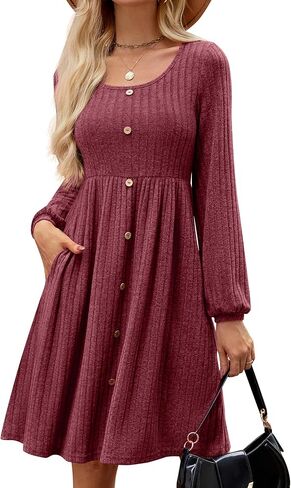 JUSTFASHIONNOW Womens Knit Dress Long Sleeve Knee Length Dresses Button Fall Dress with Pockets Trendy 2024-Navy Blue-M in Saudi Arabia