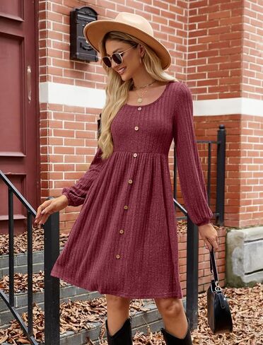 JUSTFASHIONNOW Womens Knit Dress Long Sleeve Knee Length Dresses Button Fall Dress with Pockets Trendy 2024-Navy Blue-M in Saudi Arabia