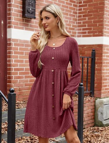 JUSTFASHIONNOW Womens Knit Dress Long Sleeve Knee Length Dresses Button Fall Dress with Pockets Trendy 2024-Navy Blue-M in Saudi Arabia