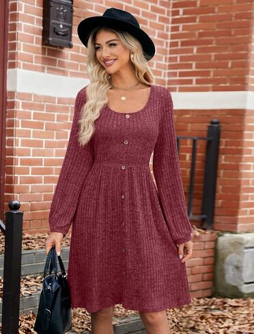 JUSTFASHIONNOW Womens Knit Dress Long Sleeve Knee Length Dresses Button Fall Dress with Pockets Trendy 2024-Navy Blue-M in Saudi Arabia