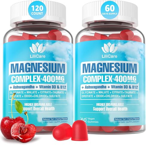 Sugar Free Magnesium Gummies for Women Men 400mg, 8 Forms of Magnesium Glycinate, Citrate, Malate & More - Calm Magnesium Complex Gummies Supplement with Magnesium Ashwagandha, D3, B12 for Relax,Vegan in Kuwait