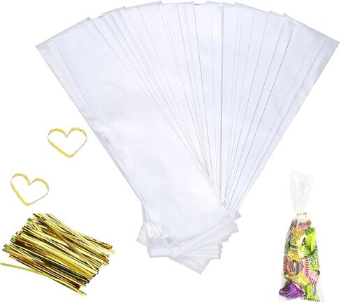 Enenes Cellophane Bags 200-Pack 4x9 Inch Clear Party Favor Bags with Twist Ties for Candy, Cookies, Bakery Treats, Desserts & Gift Packaging in Kuwait