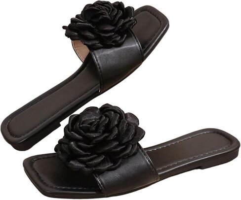 OYOANGLE Women's 3D Flower Flat Sandals Open Square Toe Dressy Slides Sandal in Saudi Arabia