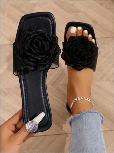 OYOANGLE Women's 3D Flower Flat Sandals Open Square Toe Dressy Slides Sandal in Saudi Arabia