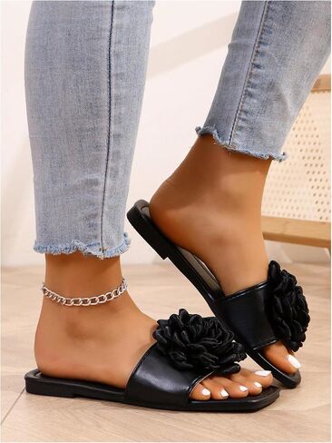 OYOANGLE Women's 3D Flower Flat Sandals Open Square Toe Dressy Slides Sandal in Saudi Arabia