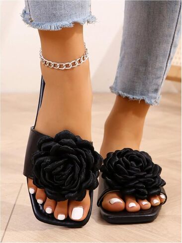 OYOANGLE Women's 3D Flower Flat Sandals Open Square Toe Dressy Slides Sandal in Saudi Arabia