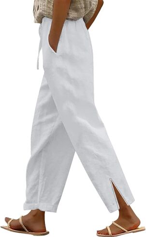 Linen Pants for Women 2025 Summer Casual Loose Flowy Beach Pant,Elastic High Waist Split Hem Trousers with Pockets in Saudi Arabia
