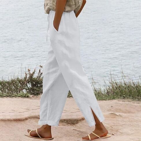 Linen Pants for Women 2025 Summer Casual Loose Flowy Beach Pant,Elastic High Waist Split Hem Trousers with Pockets in Saudi Arabia