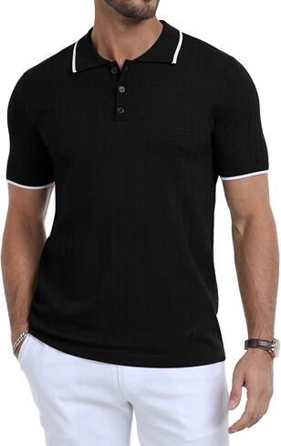 KUYIGO Men's Knit Hollow Out Polo Shirts Short Sleeve Button Collared Shirt Fashion Casual Summer Tops in Kuwait