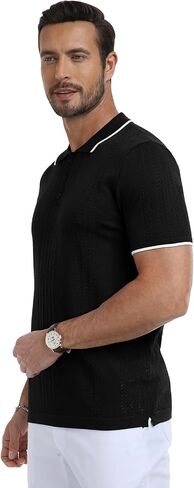 KUYIGO Men's Knit Hollow Out Polo Shirts Short Sleeve Button Collared Shirt Fashion Casual Summer Tops in Kuwait
