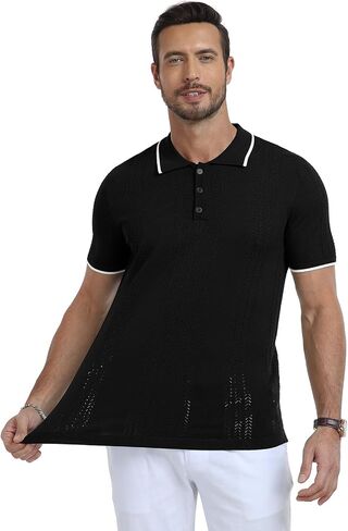 KUYIGO Men's Knit Hollow Out Polo Shirts Short Sleeve Button Collared Shirt Fashion Casual Summer Tops in Kuwait