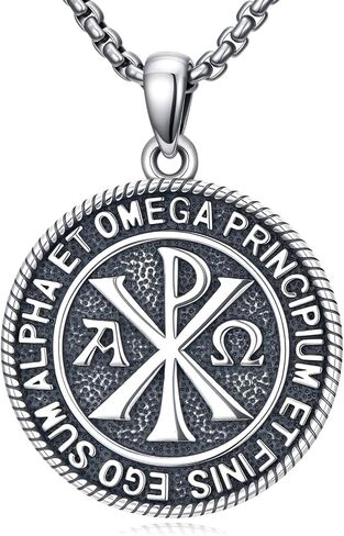 Chi Rho Necklace 925 Sterling Silver Chi Rho Christogram Symbol Necklace Alpha Omega Pendant Religious Lord Jesus Christian Constantine Jewelry for Men Wome in Kuwait