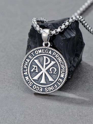 Chi Rho Necklace 925 Sterling Silver Chi Rho Christogram Symbol Necklace Alpha Omega Pendant Religious Lord Jesus Christian Constantine Jewelry for Men Wome in Kuwait