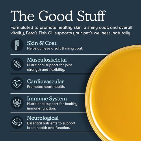 Fera Pet Organics Omega 3 Fish Oil with Vitamin E for Dogs & Cats, Vet Created Supplement to Boost Immune System, Support Brain Function, Nourish Skin and Coat of Pets, 8 Oz, 48 Servings in Kuwait