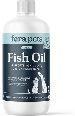 Fera Pet Organics Omega 3 Fish Oil with Vitamin E for Dogs & Cats, Vet Created Supplement to Boost Immune System, Support Brain Function, Nourish Skin and Coat of Pets, 8 Oz, 48 Servings in Kuwait