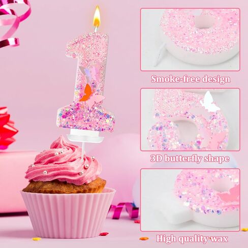 7Th Birthday Candles，Glitter Butterfly Cake Toppers Pink Sequins Wedding Numeral Cupcake Decorations，for Girl and boy Wedding Cakes, Parties Celebrations, Birthday Decorations in Saudi Arabia