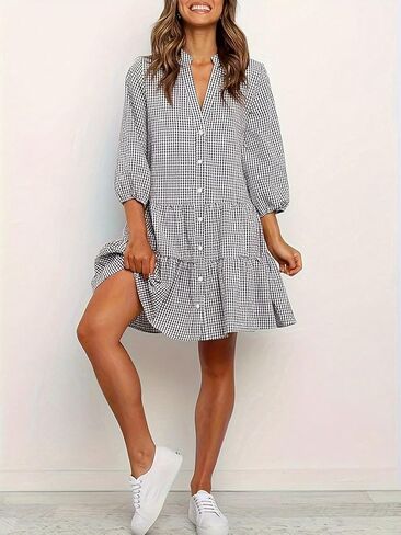 UTCOCO للسيدات 2025 ربيع الصيف فستان قميص منقوش بلود 3/4 نفخة الأكمام زر أسفل فستان MIDI غير الرسمي مع جيوب in Kuwait