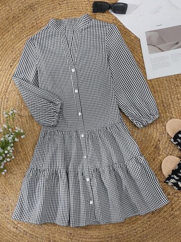 UTCOCO للسيدات 2025 ربيع الصيف فستان قميص منقوش بلود 3/4 نفخة الأكمام زر أسفل فستان MIDI غير الرسمي مع جيوب in Kuwait