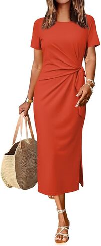 Newshows Women 2025 Summer Casual Dress Tie Waist T Shirt Short Sleeve Beach Crew Neck Slit Maxi Trendy in Saudi Arabia