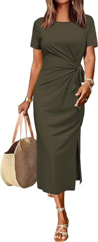 Newshows Women 2025 Summer Casual Dress Tie Waist T Shirt Short Sleeve Beach Crew Neck Slit Maxi Trendy in Saudi Arabia